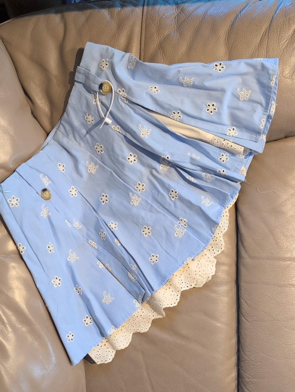 Lacemade Floral Eyelet Embroidered Light Blue Pleated Mini Skirt with Lace Hem - Picture 3 of 16